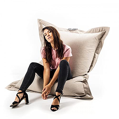 LIVEDECO - Pouf Géant Lin Intérieur Salon, Déhoussable, Cocooning Beige BiG52 Cover