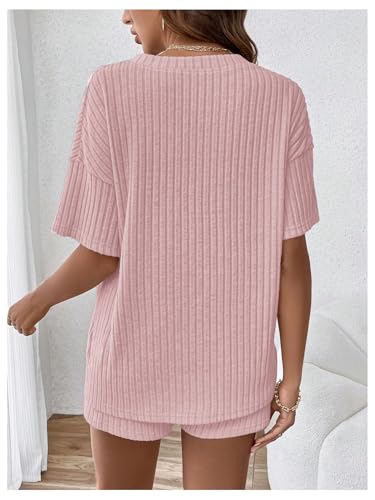 Image of MakeMeChic Women's Maternity 2 Piece Outfits Summer Short Sleeve Rib Knit Tee Top and Short Lounge Sets Clothes