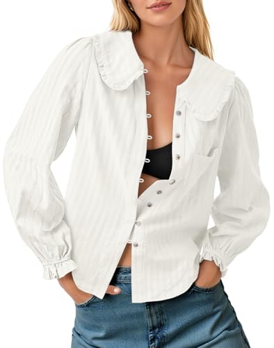 Tankaneo Womens Peter Pan Collar Shirts Puff Long Sleeve Button Down Cotton Blouse Casual Fall Textured Tops White