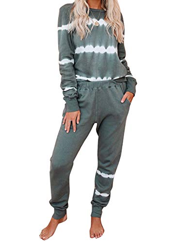 ROSKIKI Womens 2 Pieces Tie Dye Pajamas Set Sweatpants Sets Long Sleeve Pullover with Long Pants Sweatsuit Set Green S