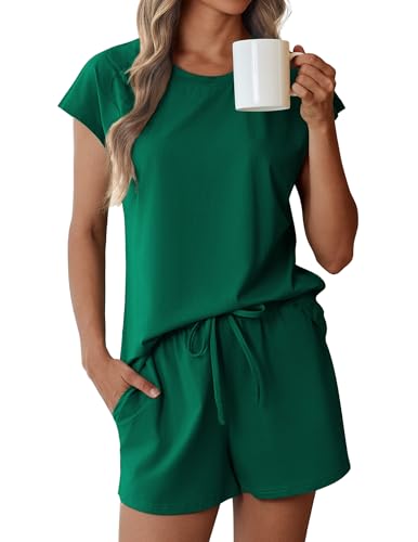 Image of Ekouaer Cotton Pajamas for Women Set 2 Piece Cap Sleeve Pjs Shorts Set Lounge Sets Sleepwear S-XXL