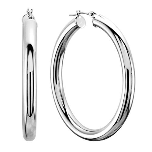 14k REAL White Gold 30MMx3.00MM Thickness Classic Polished Round Tube Hoop Earrings with Snap Post Closure For Women