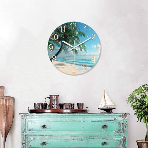 Image of XFM Large Blue Beach Wall Clock 20 Inch Coastal Theme | Silent Non-Ticking Battery Operated Modern Glass Tropical Palm Tree Decorative for Living Room Kitchen Bedroom Office