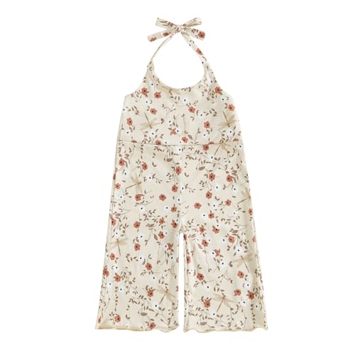 Summer Clothes Toddler Baby Girl Romper Jumpsuit Floral Halter Sleeveless One Piece Outfit Overall Pants (Beige, 12-18 Months)