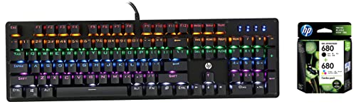 Image of HP 680 Ink Cartridges Combo Pack (1 Black Cartridge + 1 tri-Color Cartridge) & GK100 Wired Full Size RGM Backlit Mechanical Gaming Keyboard, 4 LED Indicators, Mechanical Switches