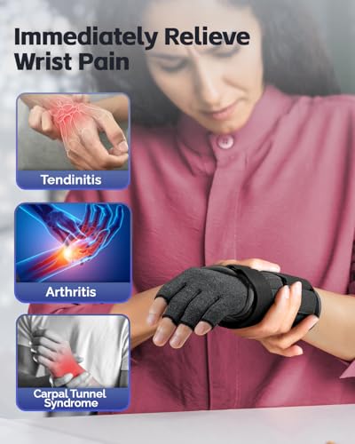 Image of FEATOL Compression Arthritis Glove with Wrist Brace, Comfortable Fingerless Carpal Tunnel Hand Gloves for Women Night Support, Pain Relief for Rheumatoid Arthritis, Work, Typing - Left Hand, Medium, Black