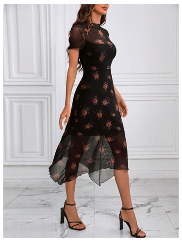 Image of Floerns Women's Floral Mesh Short Sleeve Asymmetrical Hem Flared A Line Dress