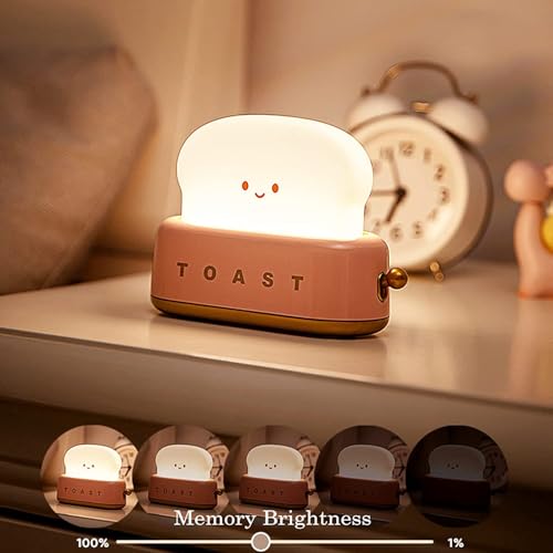 Image of One94Store Plastic Cute Toast Night Lamp for Kids | Rechargeable LED Bedside Table Light with Smile Face | Kawaii Desk Lamp for Bedroom, Nursery, Study & Gift Decor Pink