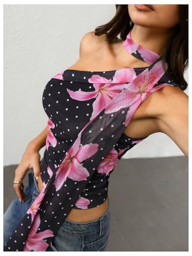 Image of RoseSeek Women's Y2K Leopard Polka Dots Halter Asymmetrical Neck Crop Tops