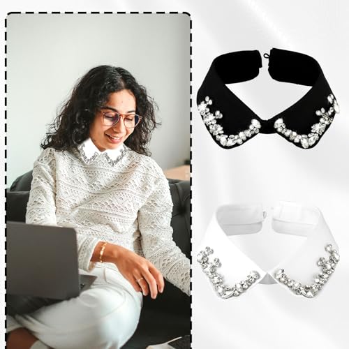 2 PCS Rhinestone Fake Collar Faux Collar Women Detachable Fake Collar Dickey Collar Shirt Collar Inserts for Women Faux Collar Shirt Fake Collar Womens White Black Classic Style Collar4