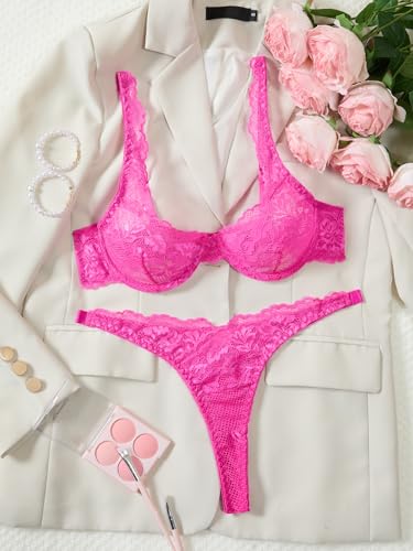 Image of Lilosy Sexy Floral Lace Scallop Underwire Push Up Sheer Lingerie Set Outfits