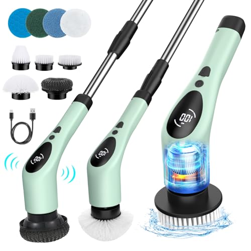 Image of Nuovoware Electric Spin Scrubber,550RPM Cordless Cleaning Brush with Three Speeds, 3000mAH Bathroom Shower Power Scrubber with 9 Brush Heads, Electric Scrub Brush for Tile, Tub, Floor,Voice Broadcast