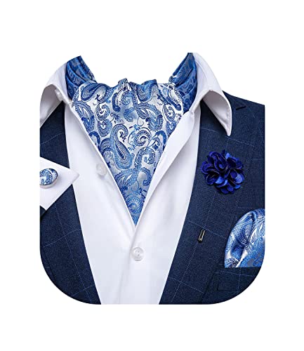 Image of DiBanGu Mens Silk Ascot Ties Paisley Jacquard Woven Cravat and Pocket Square Cufflinks with Lapel Pin for Business Wedding