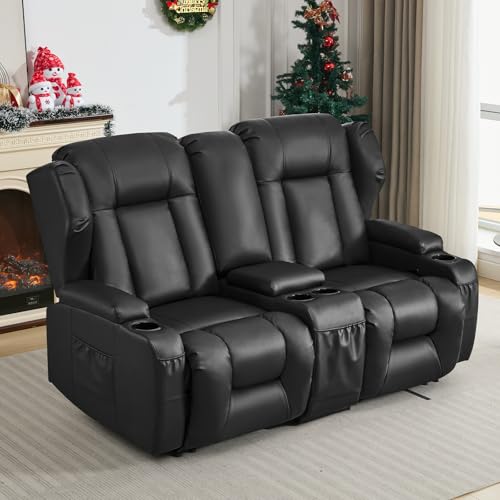 Image of SAMERY 65.5 inch RV Loveseat Recliner Double Recliner RV Sofa & Console | Wall Hugger Loveseat Reclining RV | RV Theater Seats | RV Couch | RV Home Theater Seating Furniture (Faux Leather Black)