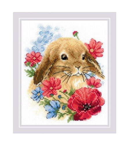 Image of RIOLIS - Bunny in Flowers 1986, Animals Cross Stitch Kits 6 inchx7 inch, Cross Stitch Kits for Beginners & Advanced, Crossstitching Kit Adult, Embroidery Counted Stitching Kit