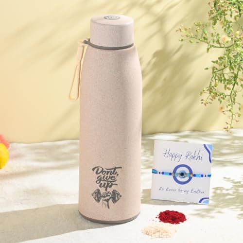 Image of Eha Earth Friendly Rakshabandhan Gift Made with Rice Husk| 600 ml, Set of 1 | Printed Bottle, Rakhi, Keychain, Roli Chawal and Card| Rakhi bottle gift for brother | Rakhi Hamper