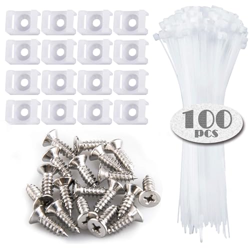 Image of 100 Pieces Cable Tie Mount Base Saddle Type Mount Wire Holder, 100 Pieces Cable Zip Ties with Self-Locking (150 x 3.5mm) and 100 Pieces Deep Thread Pan Head Screws (White)
