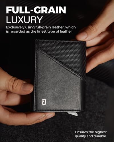 Jenoss Smart Wallet For Men: Full Grain Leather, Handcrafted, Slide Metal Pop Up Case, Slim RFID Blocking Credit Card Holder, Minimalist Compact 12 Cards Slot Organizers ID Money Clip (Black & Carbon)2