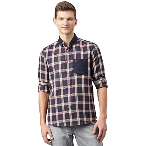 Image of Thomas Scott Mens Checkered Slim Fit Casual Shirt with Button Down and Long Sleeve (TS1048 Space Blue XL)