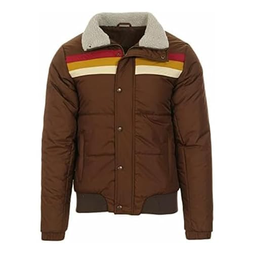 Men's Retro Brown Puffer Jacket with Sherpa Collar and Striped Chest Design – Vintage Winter Outerwear