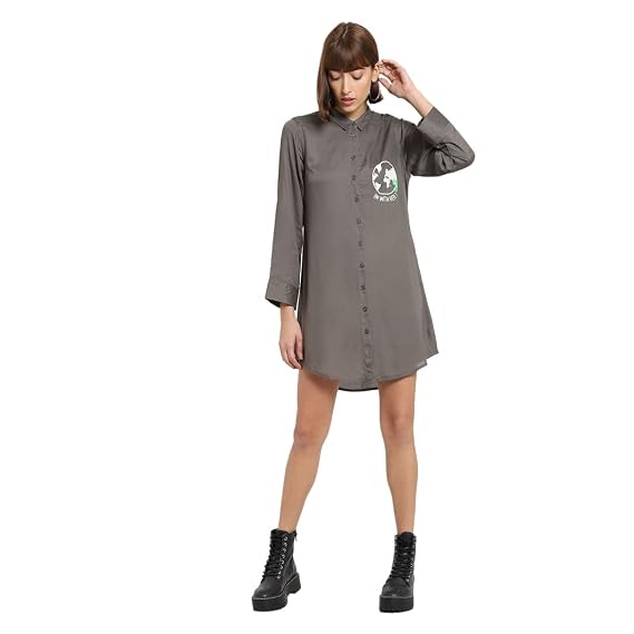 Full Sleeve Banded Collar Shirt Dress 
