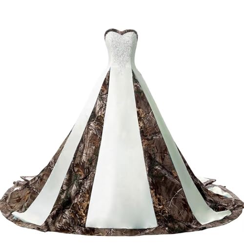 ZVOCY Women's Camouflage Wedding Dresses for Bride Satin Camo Long Formal Gown for Wedding White