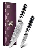 KYOKU Knife Set, Shogun Series 2pc Japanese Style Kitchen Knife Set, 8' Chef 3.6' Paring Knife with Sheath Gift Box, Professional Sharp Damascus Stainless Steel Knives for Meat Vegetable Fruit