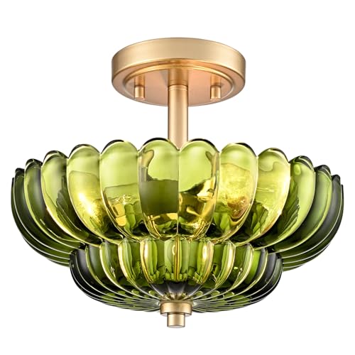 Image of Modern Green Glass Scalloped 3-Light Flush Mount Ceiling Light Gold Base | Vintage Ceiling Lights, Close to Ceiling Light, Semi Flush Mount Ceiling Light for Hallway Bedroom Entryway Kitchen