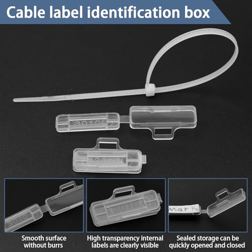 100 Stück Kabelbeschriftung,Transparent Kabeletiketten Erkennungsbox,Kabelbeschriftung Erkennungsbox Set,Kabelbeschriftung Clip mit Nylon Kabelbinder für Kennzeichnung und Sortierung (100)