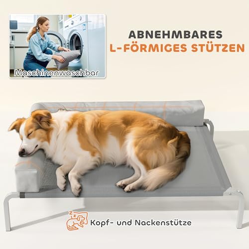 PawHut Hundeliege Outdoor, Erhöhtes Hundebett für Mittelgroße Hunde, Kühlendes Haustierliege mit L-förmige Kissen Stahlrahmen rutschfesten Füßen, Haustierbett für Draußen Camping 110x75x30cm Hellgrau