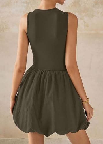 Image of KIRUNDO Summer Dresses for Women 2026 Cute Mini Sleeveless Bubble Dress | Stretchy Ruched Front Cinched Waist, Woven Balloon Skirt, Crewneck Tank Sundress With Pockets, Casual Party Vacation Outfits