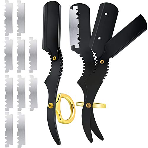 2 Pack Barber Finger Razor 360 Degree Rotate Hair Shaping Razor Thumb Insert Straight Razor with 10 Blades