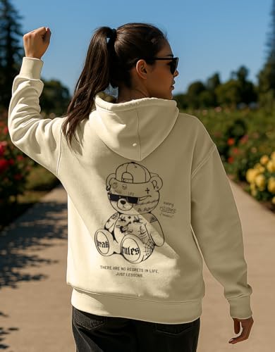 Image of JUNEBERRY Cotton Fleece Regular Fit Hooded Sweatshirt Lastest Back Graphic Printed Winter Hoodies for Women (Available in Colors: Black, SOYA Bean, Orange, Marshmellow, White & Lilac)