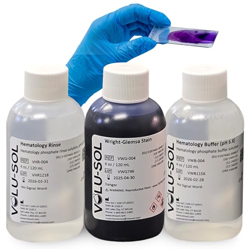 Volu-Sol Wright Giemsa Stain Pack (Wright Giemsa, Buffer, Rinse) Romanowsky Stain for Blood Smears - Conduct Differential WBC Counts and Explore RBC Morphology - 4 oz (118 ml)