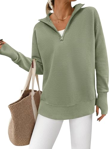 Image of PRETTYGARDEN Womens Long Sleeve Quarter Zip Pullover Sweater | Casual Loose V Neck Sweaters with Thumb Hole, Collared Ribbed Knit Jumper Tops, Oversized Tunic Tops, Fall Outfits 2026
