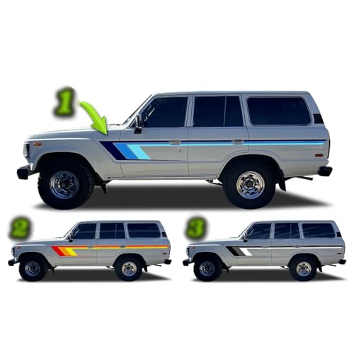 Benini Design Studio Side Retro Side Stripes Livery Graphics Racing Stripes Kit Compatible with Toyota Land Cruiser FJ60 FJ62 1982-1991 (Style 2 (Red/Orange/Yellow))