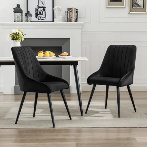 Image of Finch Fox Morris Velvet Dining Chair for Living Room, Bedroom, Home Office with Black Metal Legs in Black Color