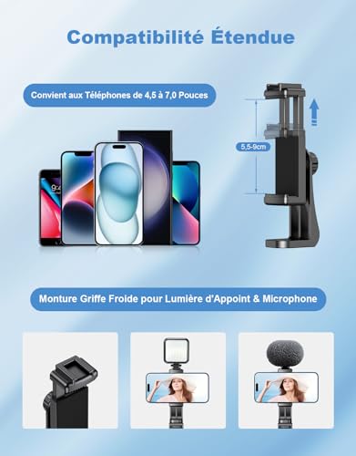 Trépied smartphone ultra extensible 177cm léger et compact avec rotule réglable intégrée - 6