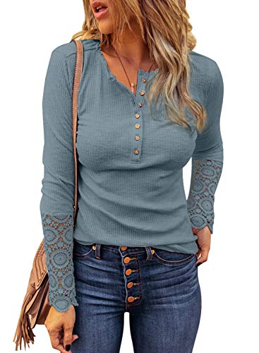 Maavoki Damen V-Ausschnitt Basic Tops, Slim Fit Einfarbig Shirt für Damen, Knopf Bottoming Strick Langarmshirts Pullover Oberteile(Blau, M) Cover
