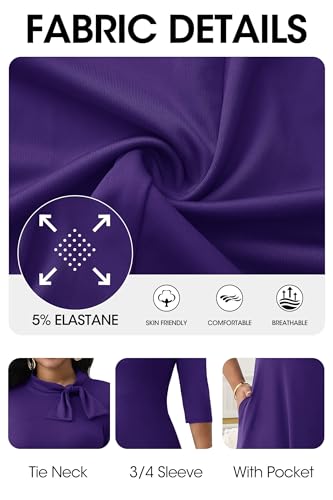 Image of FANDEE Maxi Dress for Women Long Elegant 3 /4 Sleeve Bow Tie Neck A Line Casual Party Church Dresses with Pockets