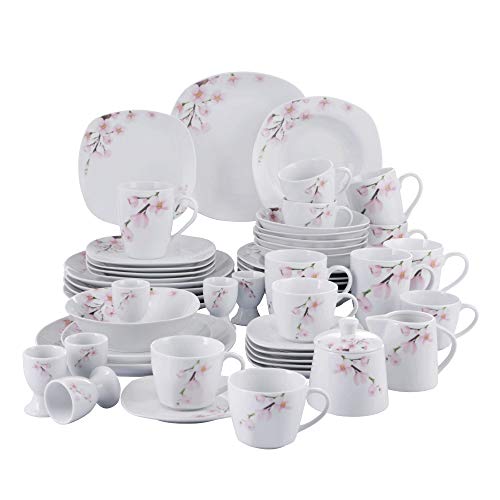 VEWEET Porcelain Dinnerware Set, 50-Piece Dinner Plates and Bowls Sets, Cups and Saucers Set, Egg Cups, Serving Dinner Sets, Series ANNIE