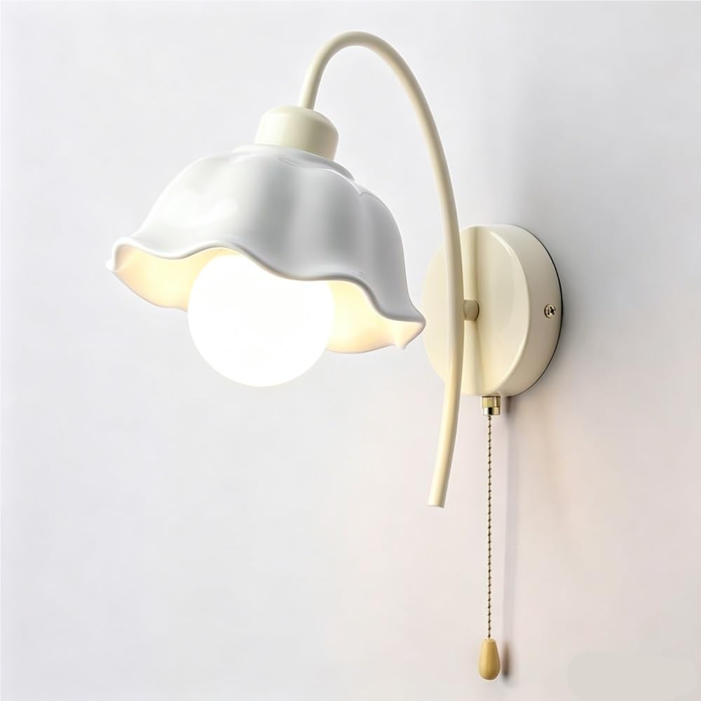 LUOYAOB White Ceramic Wall Sconce Modern Flower Wall Light Fixture with Pull Chain Switch French Cream Milk White Wall Lamp for Bedroom Bedside Living Room Cafe Hallway Indoor Decor E26/E27