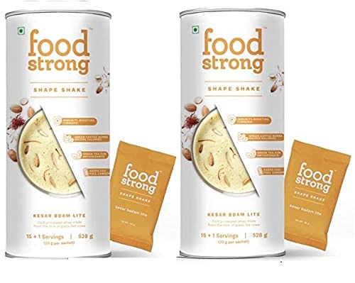 Foodstrong Whey Isolate Protein Powder, Grass-fed, 100% Whey, Shape Shake Kesar Badam Flavour, 26.2g Protein, With Turmeric, Green Tea, Green Coffee & Digestive Enzymes, 16 sachets, 528g (Pack of 2)