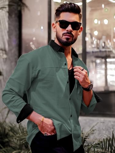 Image of Maniac Mens Solid Collared Neck Full Sleeve Biscuit and Black Cotton Shirt