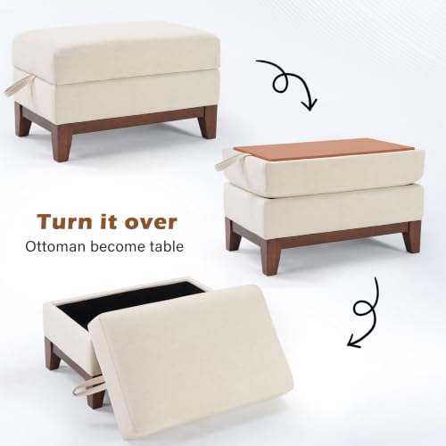 Image of HAOMARKETS Multifunctional Storage Ottoman with Flip-Top Table, Upholstered Footrest with Storage Space, Stylish Coffee Table with Solid Wood Legs for Living Room, Beige