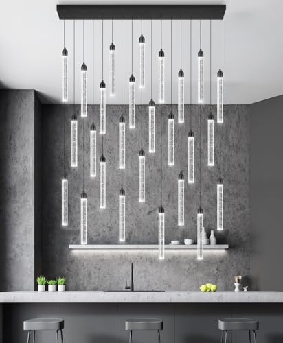 Image of Rectangular Chandeliers 26-Lights Long Light for Entryway LED Dimmable Chandeliers Lighting Fixture Flat Sloped High Ceiling Pendant Lights Crystal for Living Room Foyer Hallway Staircase Black