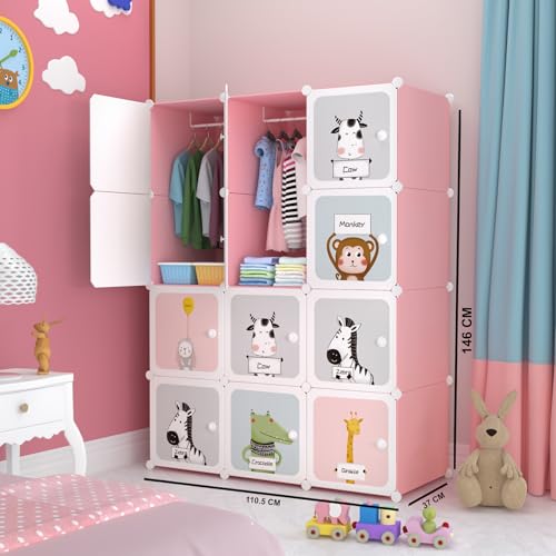 Image of Sunderlook Plastic Wardrobe for Kids Clothes - Collapsible Wardrobe, Easy to Use Anti-Skid & Non-Slip Effective Professional Foldable Plastic Cupboard for Kids, Home (Pink-KTE1, 12 Door)