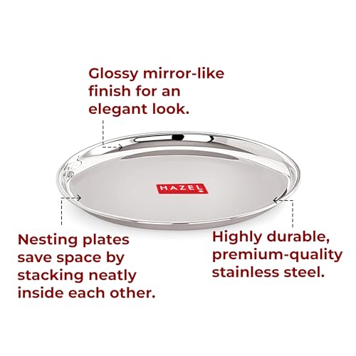 Image of HAZEL Stainless Steel Dinner Plate with Glossy Finish | 21 cm Thali Plates for Kitchen | Serveware Snacks Plate for Kids | Breakfast Plate, Set of 12