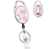 Uniclife Cute Retractable Keychain, Pink Bow Print Retractable Badge Holders Key Ring Extendable Badge Clip for Keys and ID Card, Heavy Duty Badge Reel with Carabiner