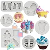 MYPRACS Cute Baby Silicone Fondant Cake Mold Baby Foot Fondant Mold Baby Bottle Cradles Shoes Clothes Mold For Baby Shower Cake Decorating Chocolate Candy Polymer Clay Set Of 6